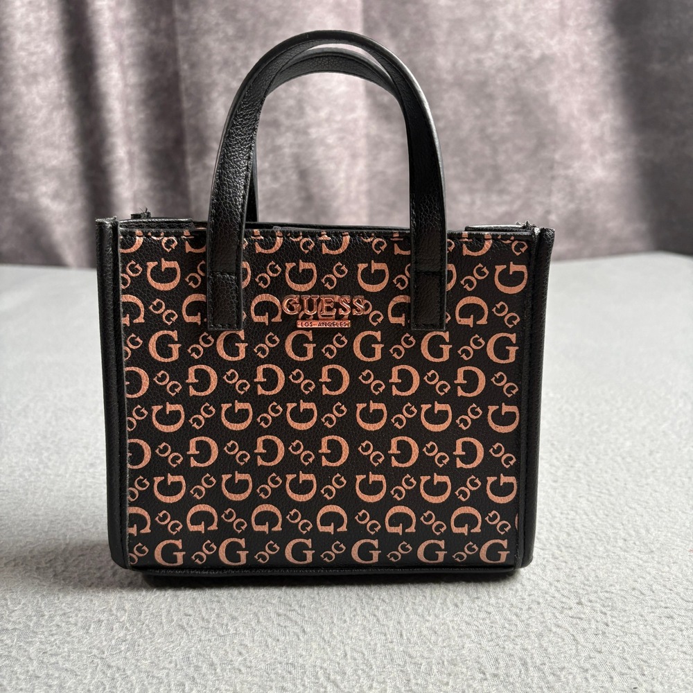 Guess Los Angeles Mini Tote Bag Black Rose Gold Logo Print Handbag Small Purse